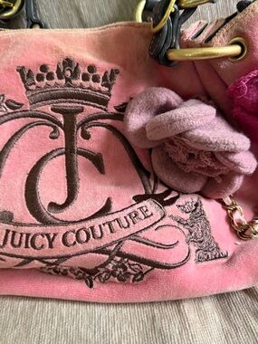 Juicy Couture Pink Velvet Logo Shoulder Bag with Fabric Flower